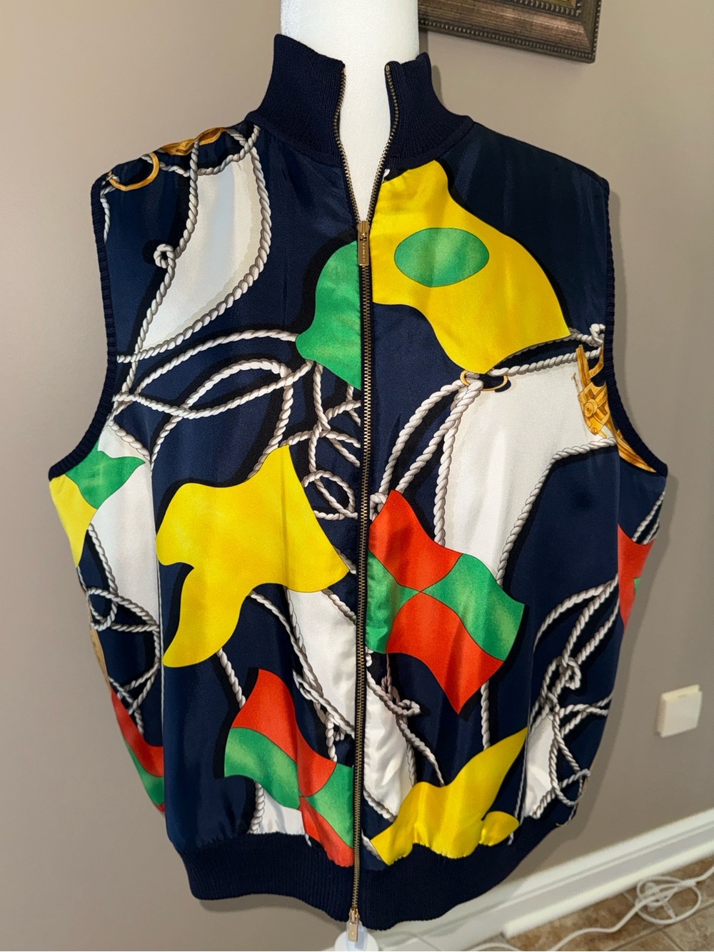 Vintage 90s Ralph Lauren Silk Quilted Vest: Nautical Print, Blue & Gold, Size 2X
